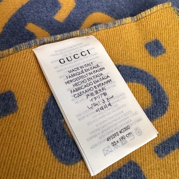 Authentic Gucci jacquard GG Logo Wool Silk Scarf Blue & Yellow - Picture 10 of 13